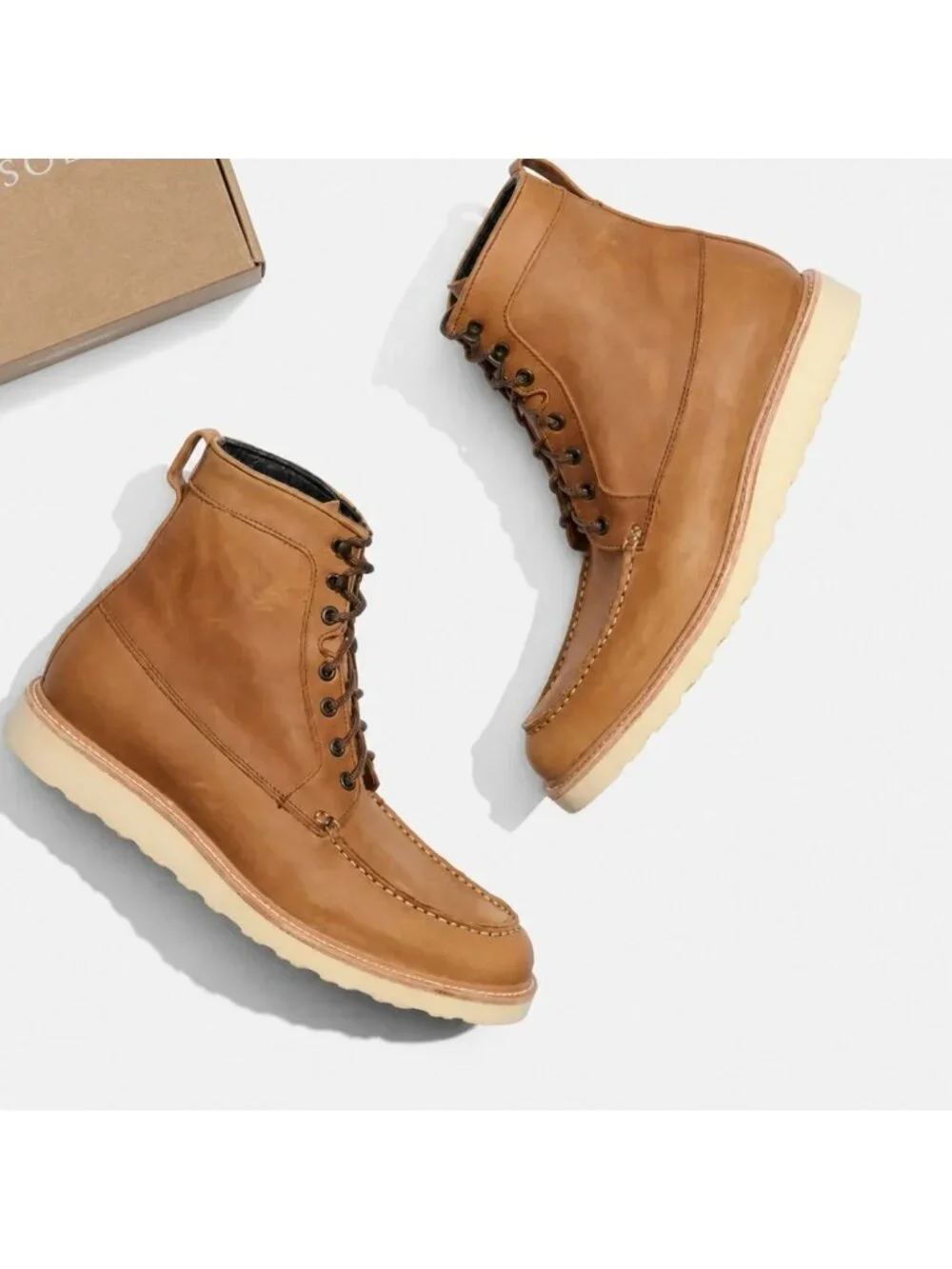 Nisolo Men's 11.5 All Weather Leather Moc Toe Wedge Sole Boots Tobacco New